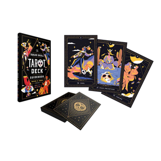 Tarot card deck with colorful illustrations on black backgrounds