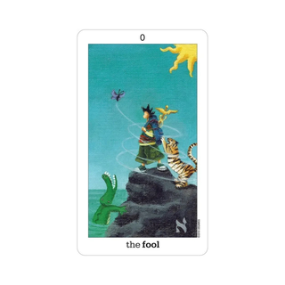 Tarot card titled 'The Fool' with a colorful illustration of a person, tiger, and animals on a white background.