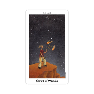 Tarot card titled 'Three of Wands' with a person juggling on a cliff under a starry sky.