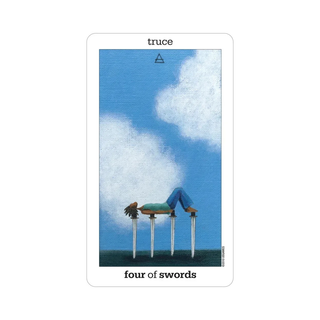 Card from a tarot deck titled 'Four of Swords' with a person on stilts against a blue sky.