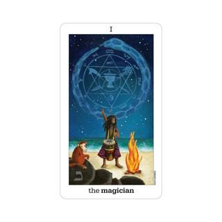 Tarot card titled 'The Magician' with a person, animal, and symbols on a white background