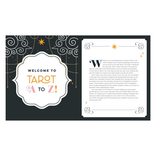 Welcome to Tarot A to Z! card with decorative elements on a black background