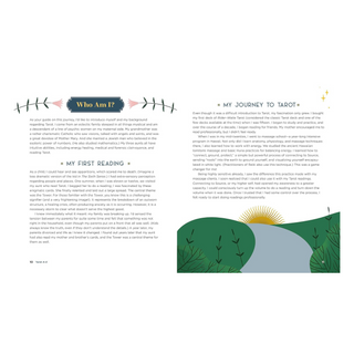 Book or magazine page with text and a green illustration of a path with a sun.
