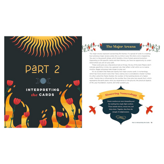 Book page with 'Part 2 Interpreting the Cards' and 'Major Arcana' text, featuring colorful designs.