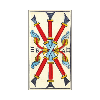 'Tarot Arnoux & Amphoux 1801' card with red and blue crossed sticks and decorative elements on a beige background