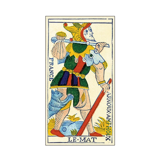 'Tarot Arnoux & Amphoux 1801' card featuring a character with a sword and shield, labeled 'Le Mat' on a white background.