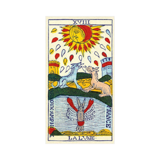 'Tarot Arnoux & Amphoux 1801' card  featuring a sun, two animals, and a dove on a white background