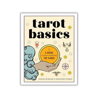 Book cover of 'Tarot Basics' with illustrations of hands and cards on a beige background