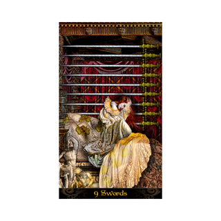 Tarot card featuring '9 Swords' with ornate design and figures.