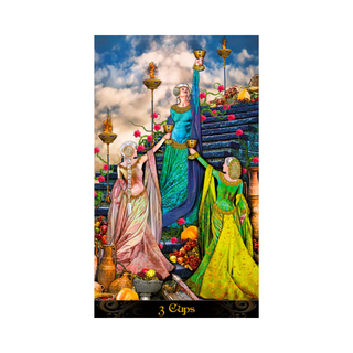 Tarot card titled '3 Cups' with three women in colorful dresses standing under a blue sky with clouds.
