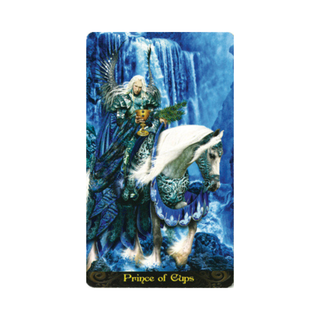 Card featuring a winged figure on a horse with a waterfall background, labeled 'Prince of Cups'.