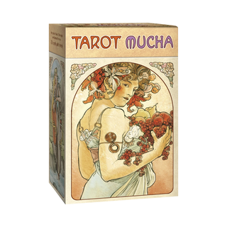 Tarot Mucha card box with artistic design and 'Tarot Mucha' text on a white background