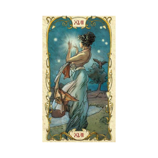 Vintage-style tarot card with a woman holding a bird against a starry night sky.