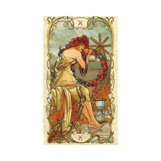 Vintage-style tarot card with a woman and hourglass on a decorative frame.