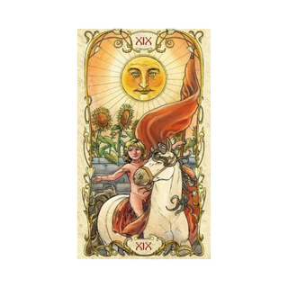 Decorative card with a sun, moon, and person on a horse, featuring intricate designs and symbols.