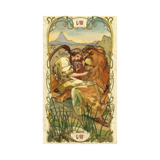 Vintage-style tarot card with a lion and person, featuring decorative elements.
