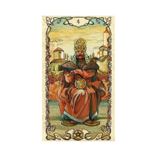 Vintage-style tarot card with a figure in robes and a pentacle symbol, framed with decorative elements.