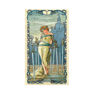 Vintage-style illustration of a woman in a green dress with swords behind her, framed by decorative elements.