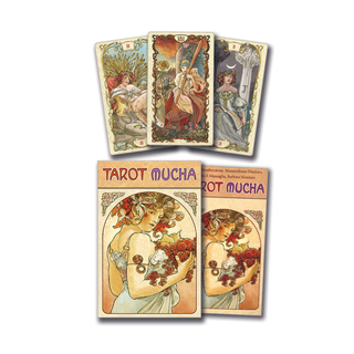Tarot cards with Art Nouveau design featuring women and nature elements, accompanied by their packaging.