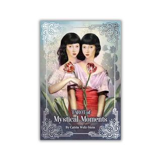 Book cover of 'Tarot of Mystical Moments' with two women holding flowers on a decorative background.