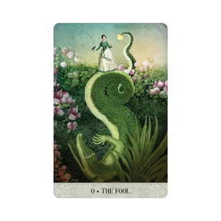 Tarot card titled 'The Fool' featuring a woman and snake in a garden setting.