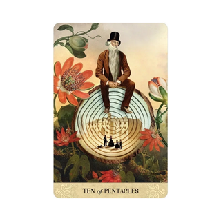 Card featuring a man sitting on a circular design with flowers and plants, labeled 'Ten of Pentacles'.