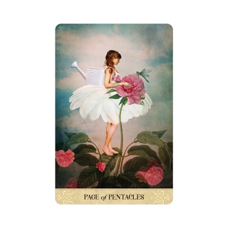 Tarot card featuring a fairy holding a flower with a colorful background