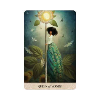 Card featuring a woman in a peacock dress holding a sunflower, labeled 'Queen of Wands'.