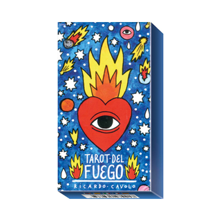Card game box titled 'Tarot del Fuego' with colorful design on a blue background