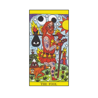 Tarot card featuring 'The Fool' with colorful design and text on a white background