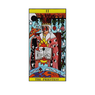 Tarot card featuring 'The Priestess' with colorful design and text on a white background