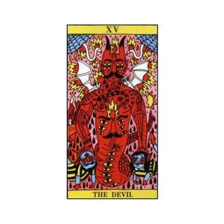 Tarot card titled 'The Devil' with a red figure and yellow border on a white background
