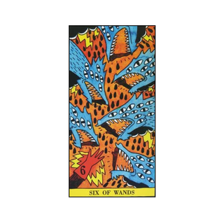 Tarot card featuring a colorful design with 'Six of Wands' text on a white background