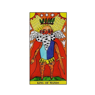Tarot card featuring a winged figure with a sword, labeled 'King of Wands'.