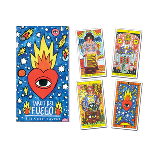 Set of colorful tarot cards with 'Tarot del Fuego' cover on a white background