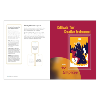 Booklet with tarot card design and text on a white background
