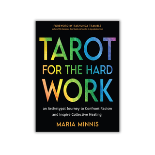 Book cover of 'Tarot for the Hard Work' with colorful text on a black background