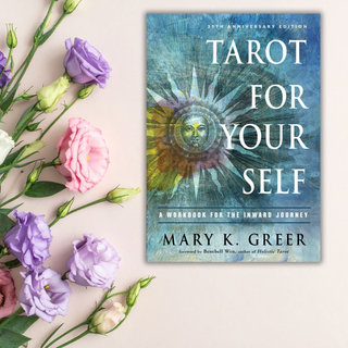 Book titled 'Tarot for Your Self' by Mary K. Greer with flowers on a light background
