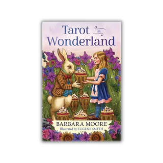 Book cover of 'Tarot in Wonderland' by Barbara Moore with illustrations of a girl and rabbit in a garden.