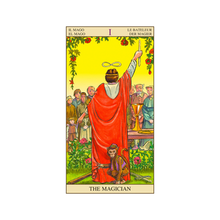 Tarot card titled 'The Magician' with a central figure in a red robe and monkey, set against a garden background.