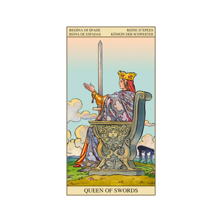 Tarot card featuring the 'Queen of Swords' with a woman holding a sword and sitting on a throne.