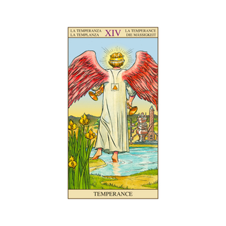 Tarot card titled 'La Temperanza' with an angel figure and scenic background.