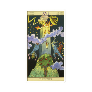 Tarot card titled 'The Tower' with a dramatic scene of a tower collapsing.