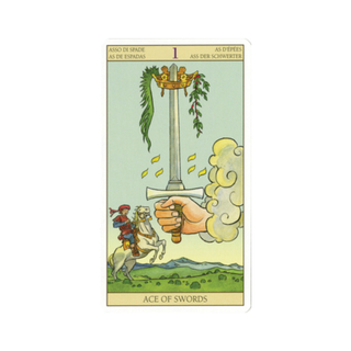 Tarot card featuring a hand holding a sword with a horse and rider below, on a light green background.