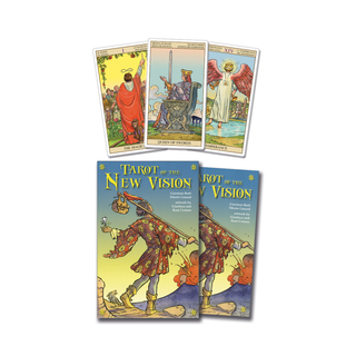 Tarot cards and their packaging with colorful illustrations on a white background