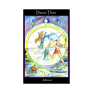 Colorful illustration of a dancer with a rainbow and stars in the background, titled 'Dancer Three'.