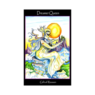 Card featuring a stylized figure with a sun above, titled 'Dreamer Queen'.