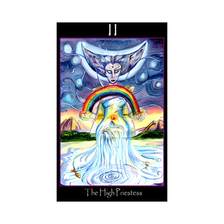 Tarot card featuring a figure with a rainbow and mountains in the background, titled 'The High Priestess'.