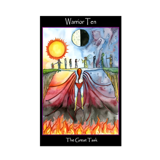 Tarot card titled 'Warrior Ten' with a central figure and symbolic elements on a white background.