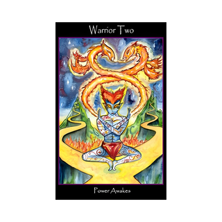 Card featuring a colorful illustration of a warrior with two dragons, titled 'Warrior Two'.